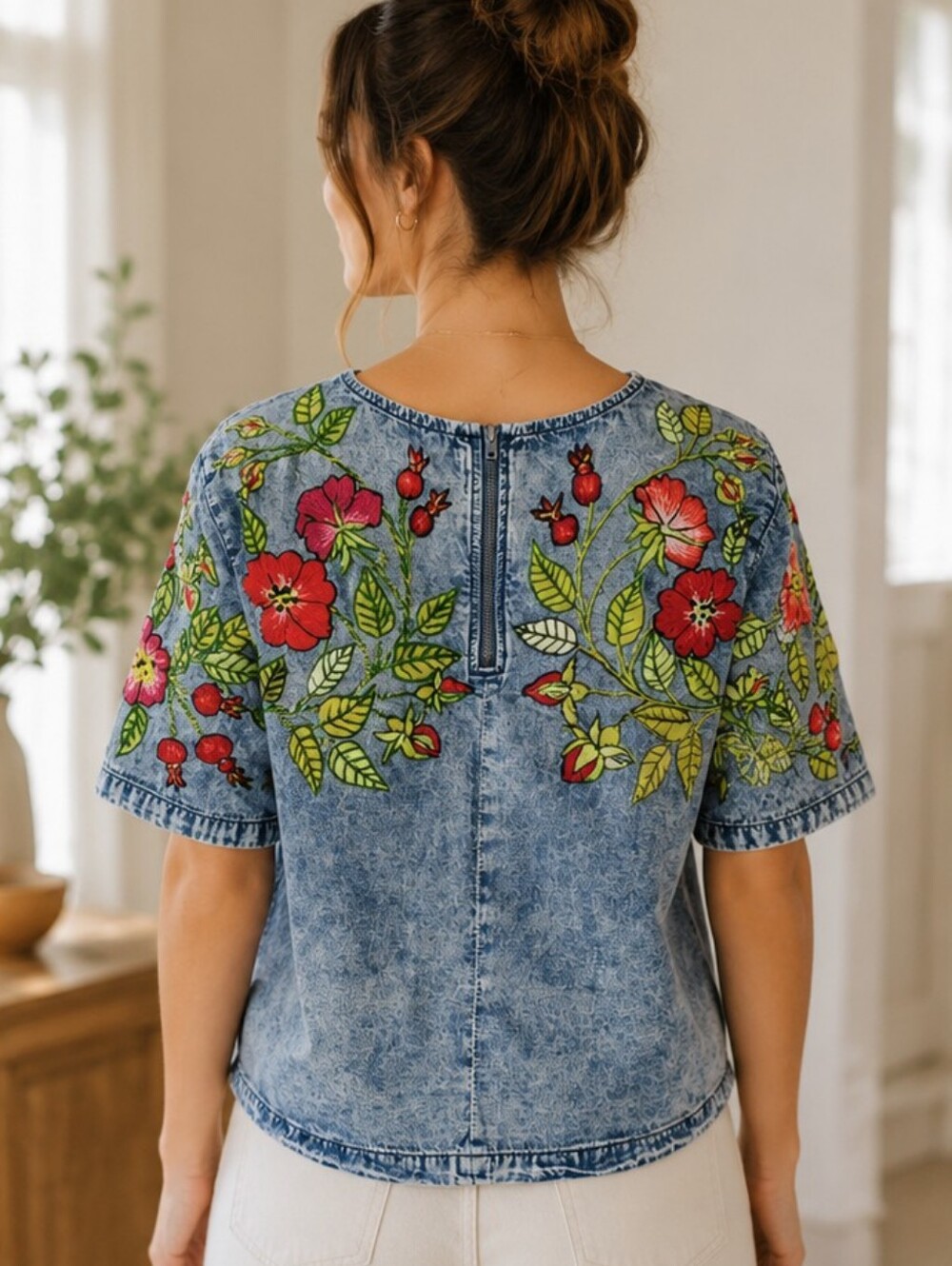 Embroidered Roses Denim Top Size M - Picture 2 of 16